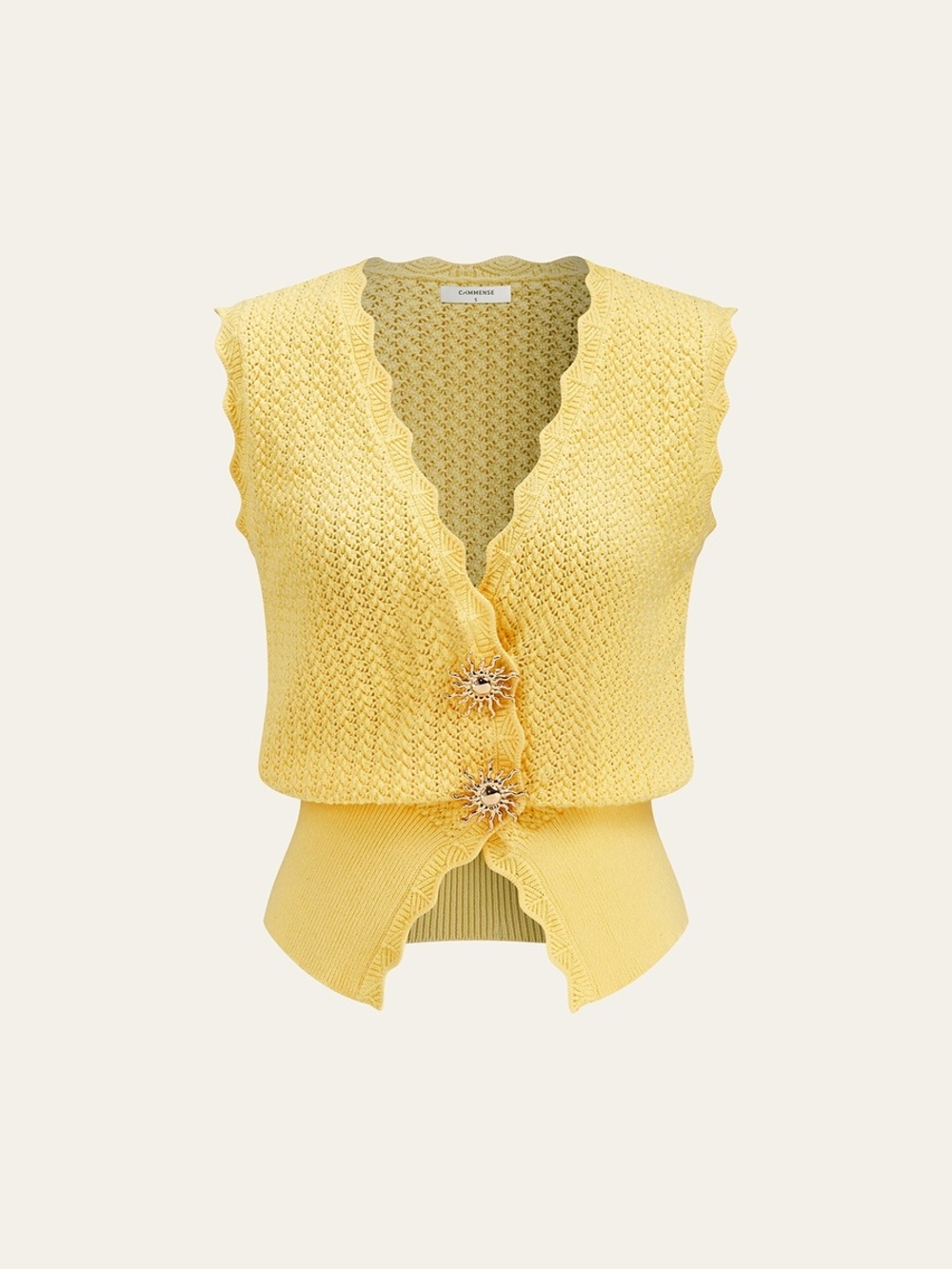 NWT Commense Yellow Knit Sleeveless Cardigan with Sun Metal Buttons